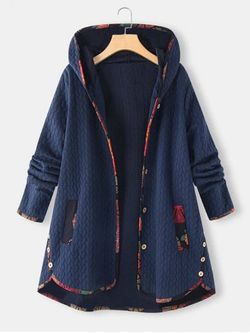 Plus Size Hooded Contrast Trim Pocket Embossed Tunic Coat - DEEP BLUE - 4XL