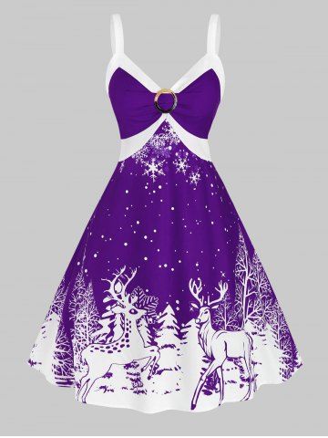 Plus Size Christmas Bicolor Elk Snowflake Print Dress