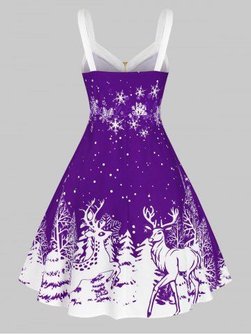 Plus Size Christmas Bicolor Elk Snowflake Print Dress