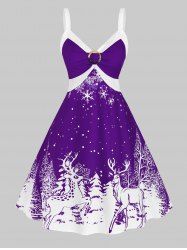 Robe Bicolore à Imprimé Flocon de Neige et Renne Noël Grande Taille - Iris Pourpre 3X