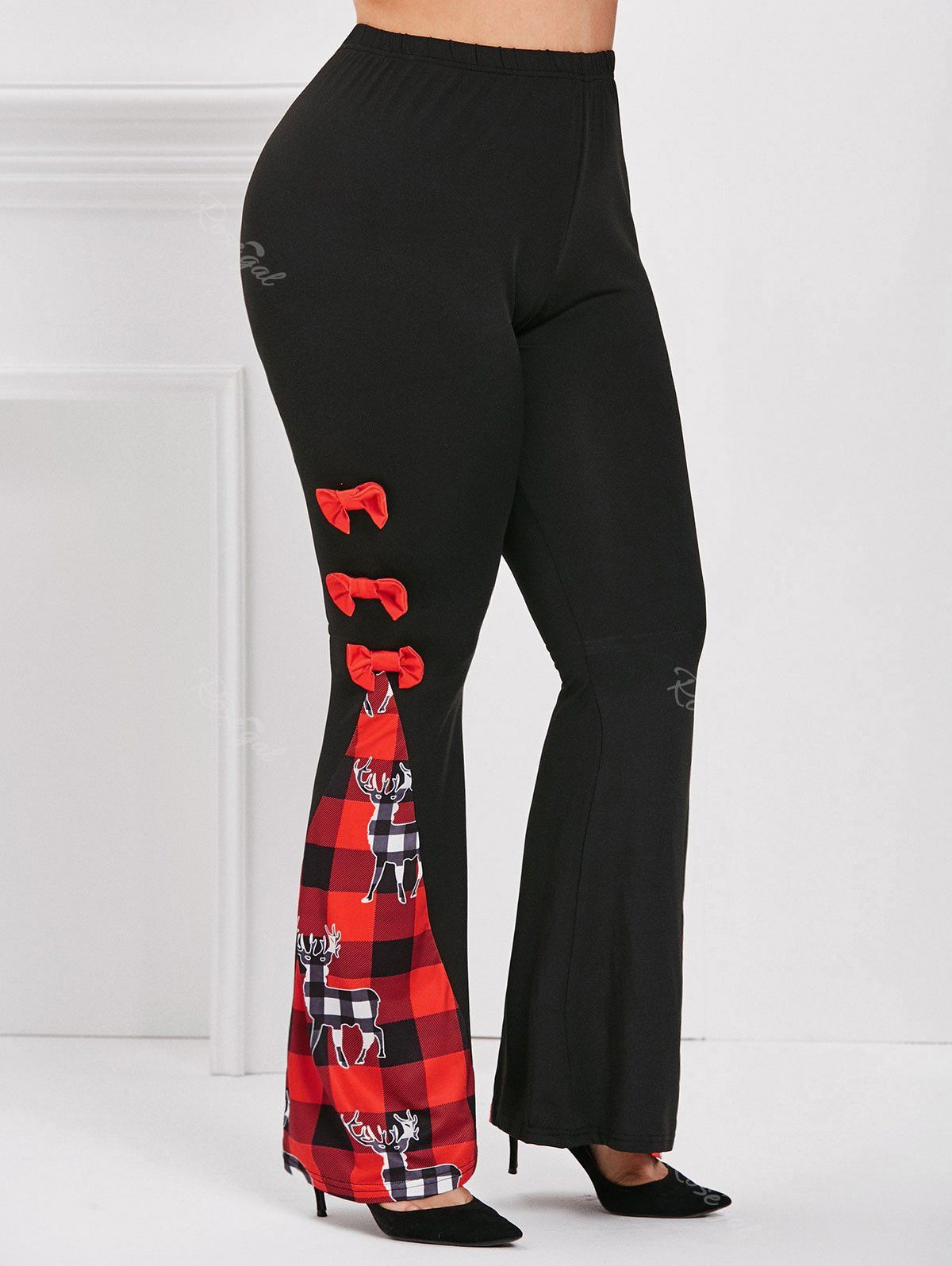 

Christmas Bowknot Plaid Elk Plus Size Flare Pants, Red