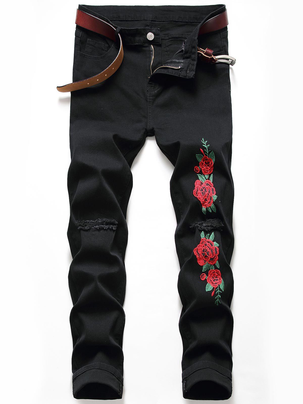 

Flower Embroidered Ripped Tapered Jeans, Black