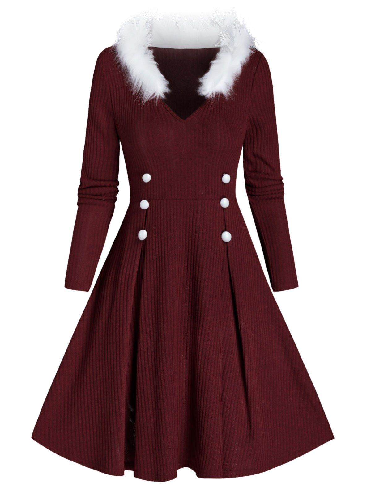 

Mock Button Faux Fur Ribbed Sweater Dress, Red wine