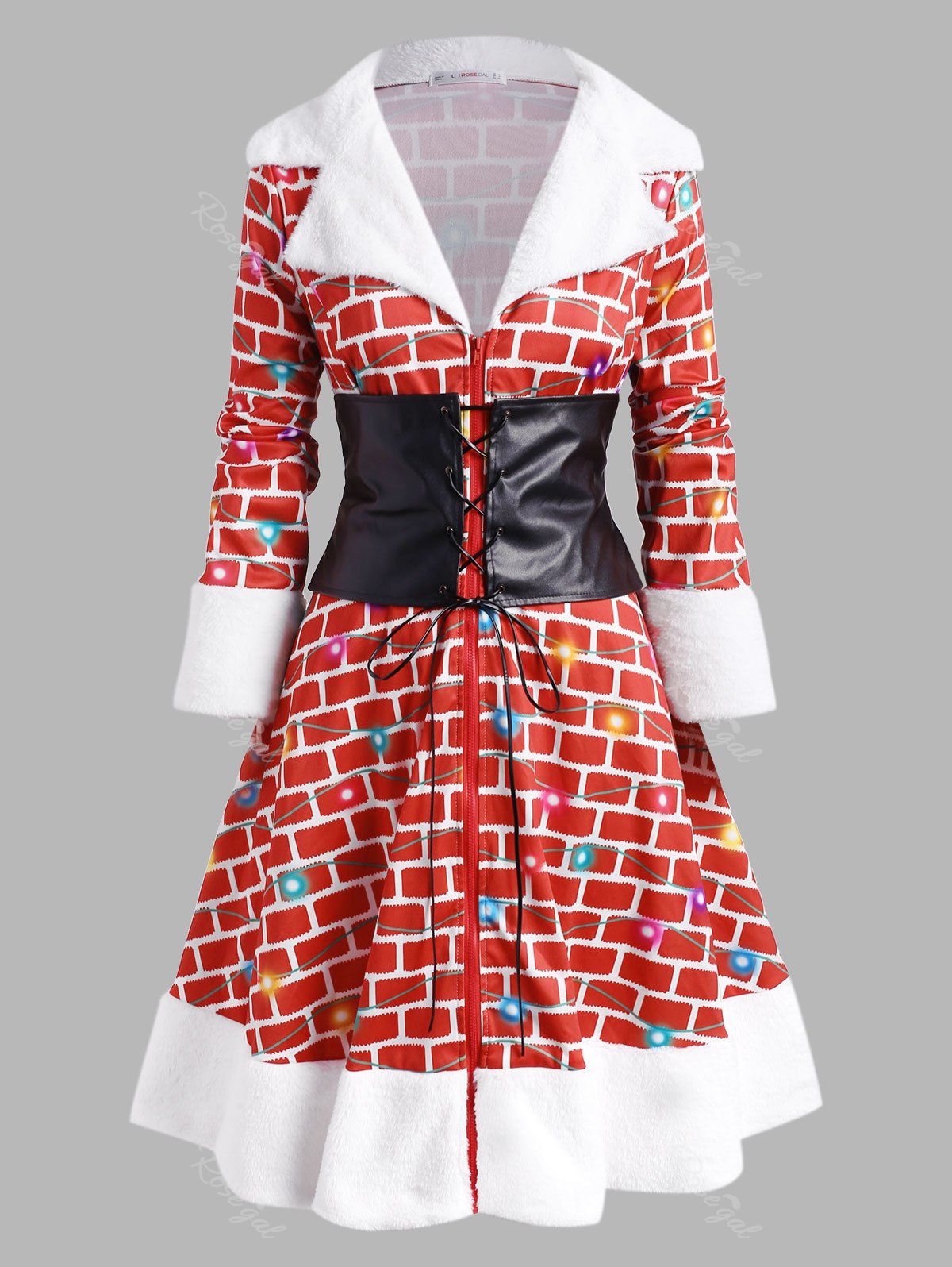 

Corset Belt Plaid Fluffy Panel Christmas Plus Size Coat, Red