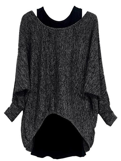 

Plus Size Batwing Sleeve Space Dye Tee and Tank Top Set, Black