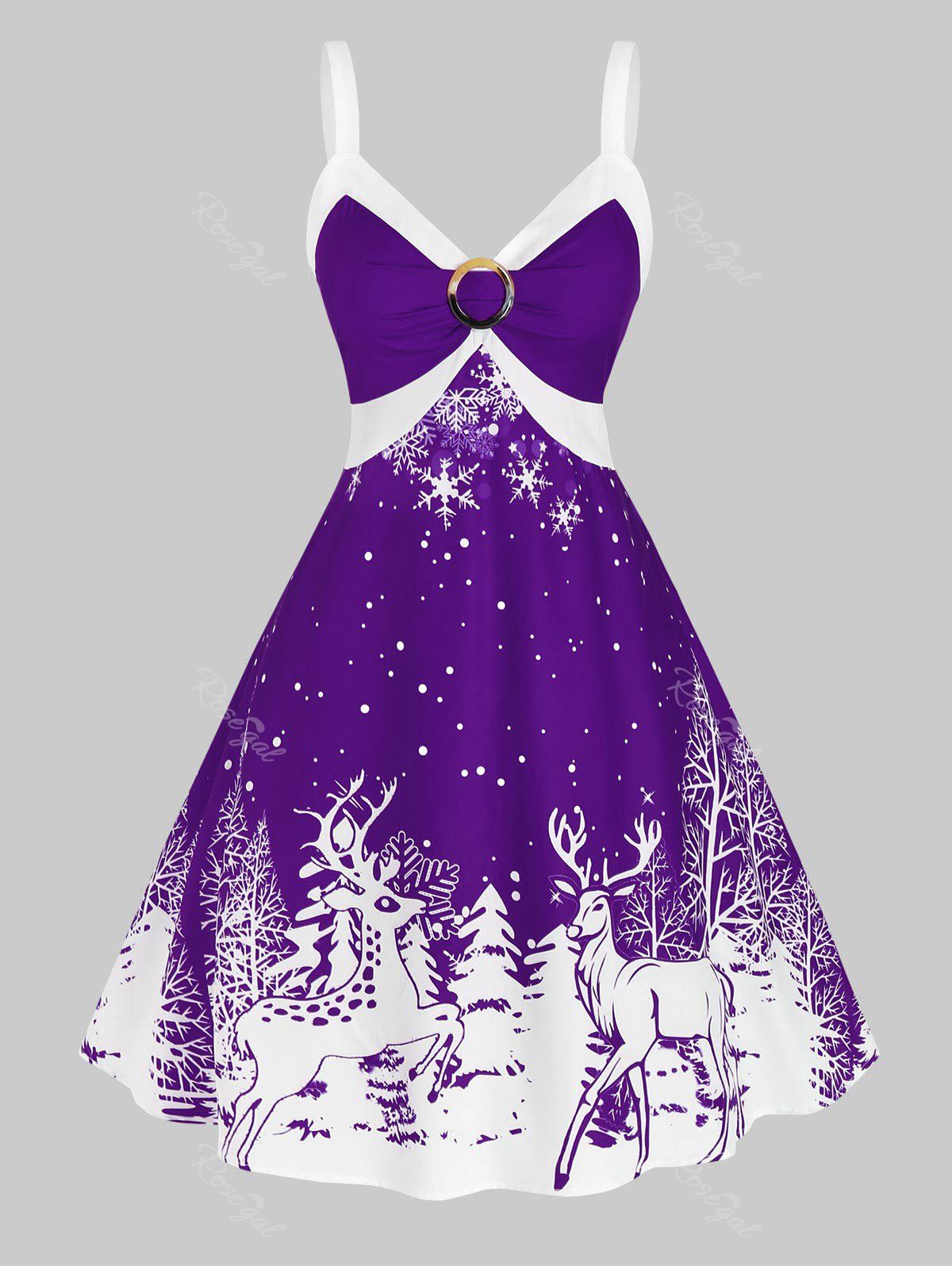 Robe Bicolore à Imprimé Flocon de Neige et Renne Noël Grande Taille Iris Pourpre L