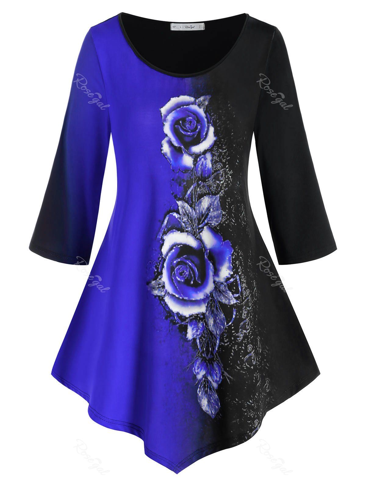 

Plus Size Asymmetric Rose Print Two Tone T Shirt, Cobalt blue