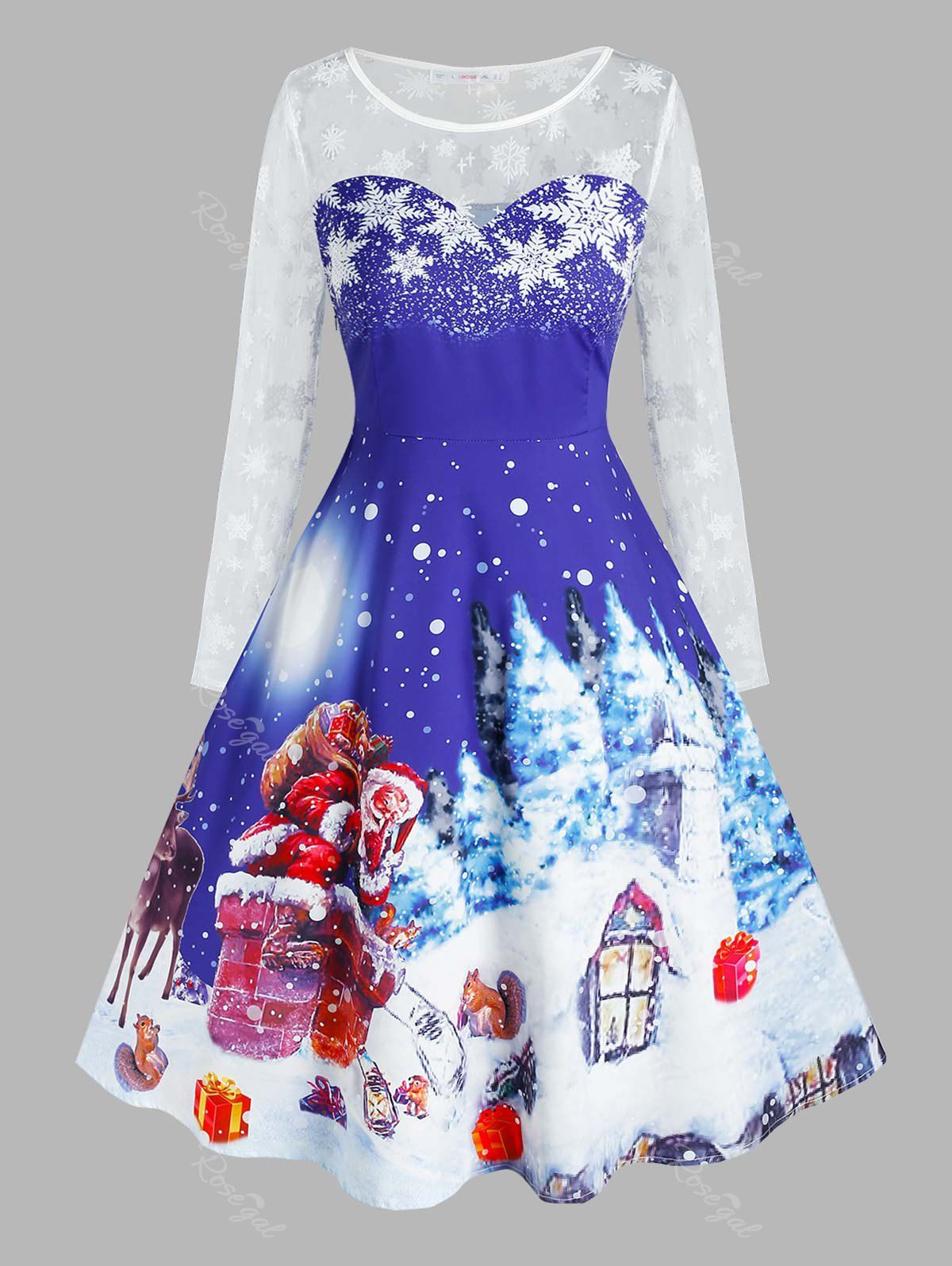 Discount Plus Size Christmas Claus Snowflake See Thru Long Sleeve Dress  