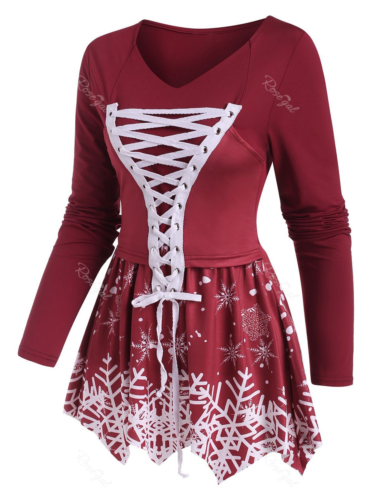 Affordable V Neck Lace-up Christmas Snowflake Print Long Sleeve Top  