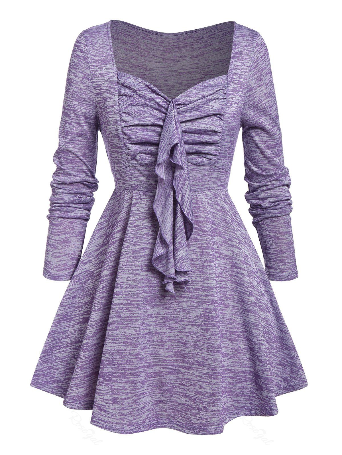 

Plus Size Space Dye Ruched Ruffle Skirted Long Sleeve Tee, Purple