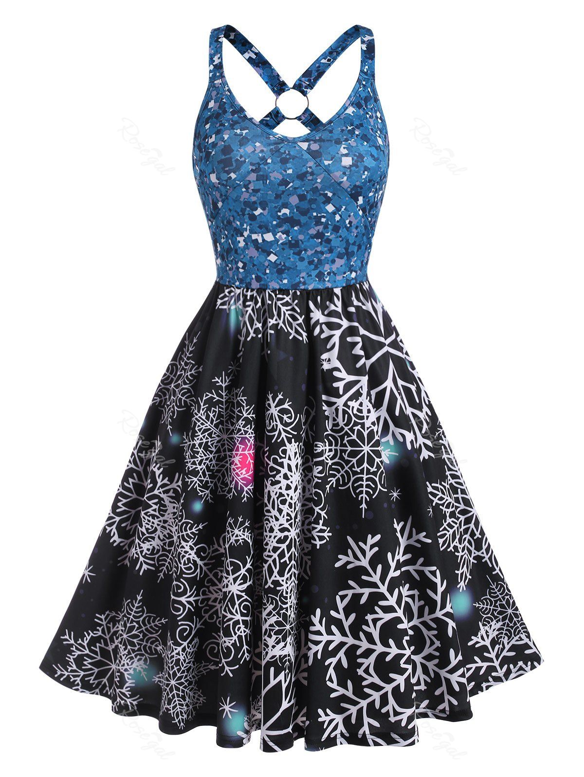 Buy Christmas Snowflake Print O-ring A Line Sleeveless Dress  