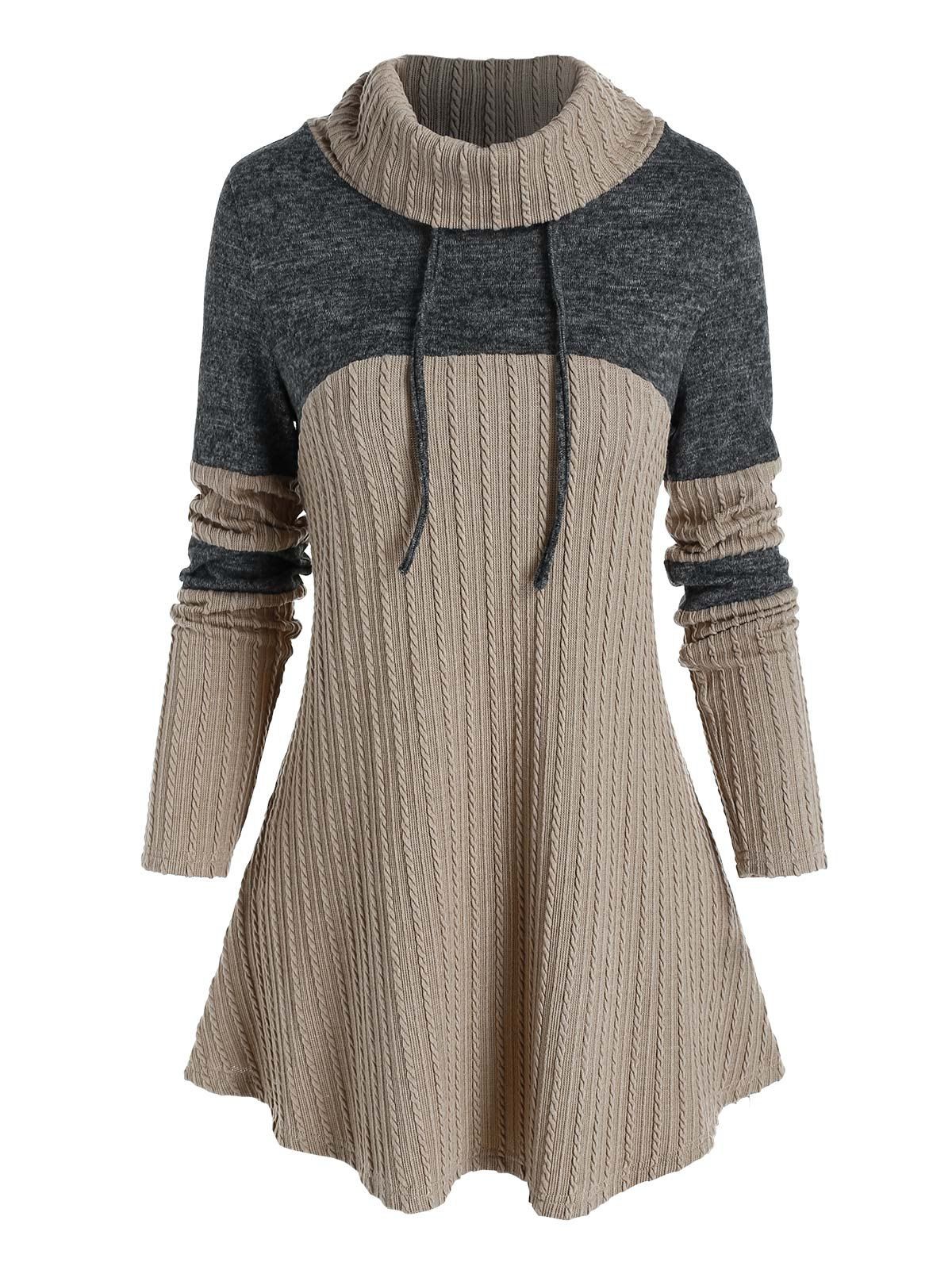 

Colorblock Cable Knit Drawstring Turtleneck Sweater, Camel brown