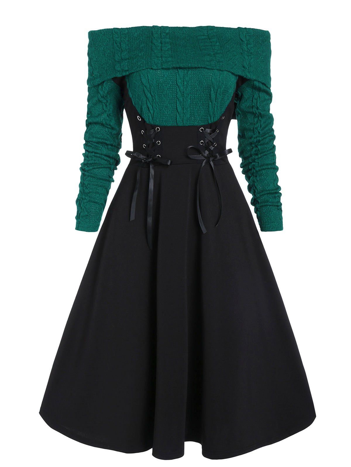 

Off The Shoulder Lace Up Cable Knit Mixed Media Dress, Greenish blue