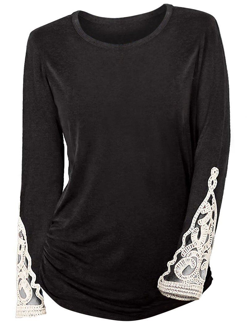 

Ruched Sides Crochet Lace Insert Long Sleeve T Shirt, Black