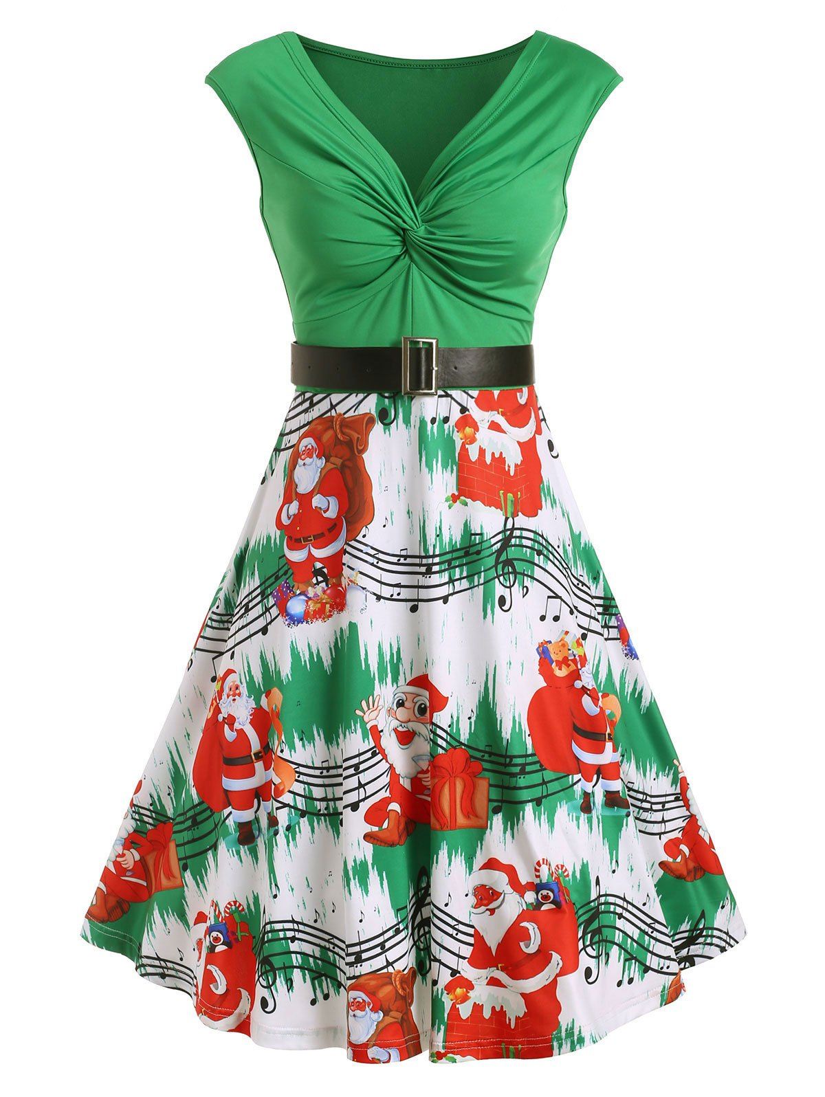 

Christams Twist Front Santa Claus Musical Note Print Sleeveless Dress, Green