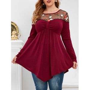 

Plus Size Floral Embroidered Tulle See Thru Tunic Knit T-shirt, Deep red