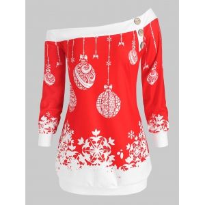 

Plus Size Christmas Skew Neck Snowflake Ball Print Sweatshirt, Red