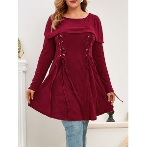 

Plus Size Foldover Lace Up Knitwear, Deep red