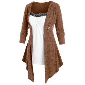 

Plus Size Draped Lace Panel Ruched Tunic Knit Top, Dark goldenrod