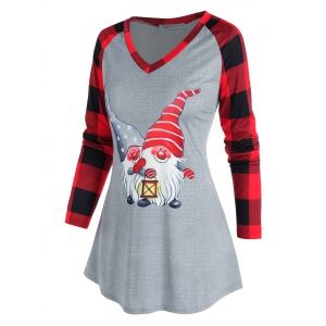 

Christmas Raglan Sleeve Plaid Santa Claus Print T Shirt, Gray