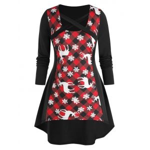 

Plus Size Plaid Snowflake Elk Criss Cross Long Sleeve Tee, Multi a
