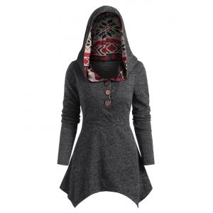 

Christmas Elk Plaid Button Placket Hooded Handkerchief Knitwear, Gray