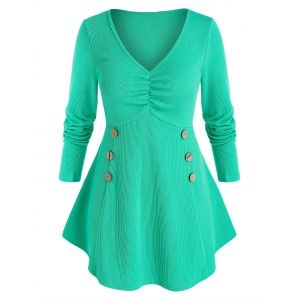 

Plus Size Mock Button Ruched Curved Hem Sweater, Light green