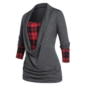 

Plus Size Plaid Draped Ruched Long Sleeve Tee, Carbon gray