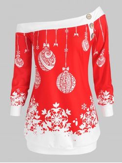 Plus Size Christmas Skew Neck Snowflake Ball Print Sweatshirt - RED - 5X