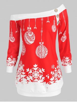 Plus Size Christmas Skew Neck Snowflake Ball Print Sweatshirt