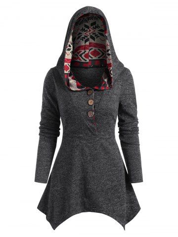Navidad Elk Plaid Button Papoteta con capucha Handkerchief Knitwear - GRAY - XL