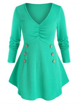 Plus Size Mock Button Ruched Curved Hem Sweater - LIGHT GREEN - 5X