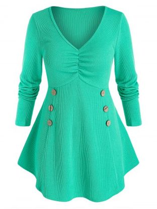 Plus Size Mock Button Ruched Curved Hem Sweater