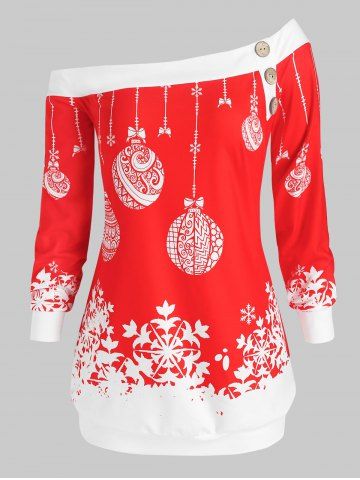 Plus Size Christmas Skew Neck Snowflake Ball Print Sweatshirt - RED - L