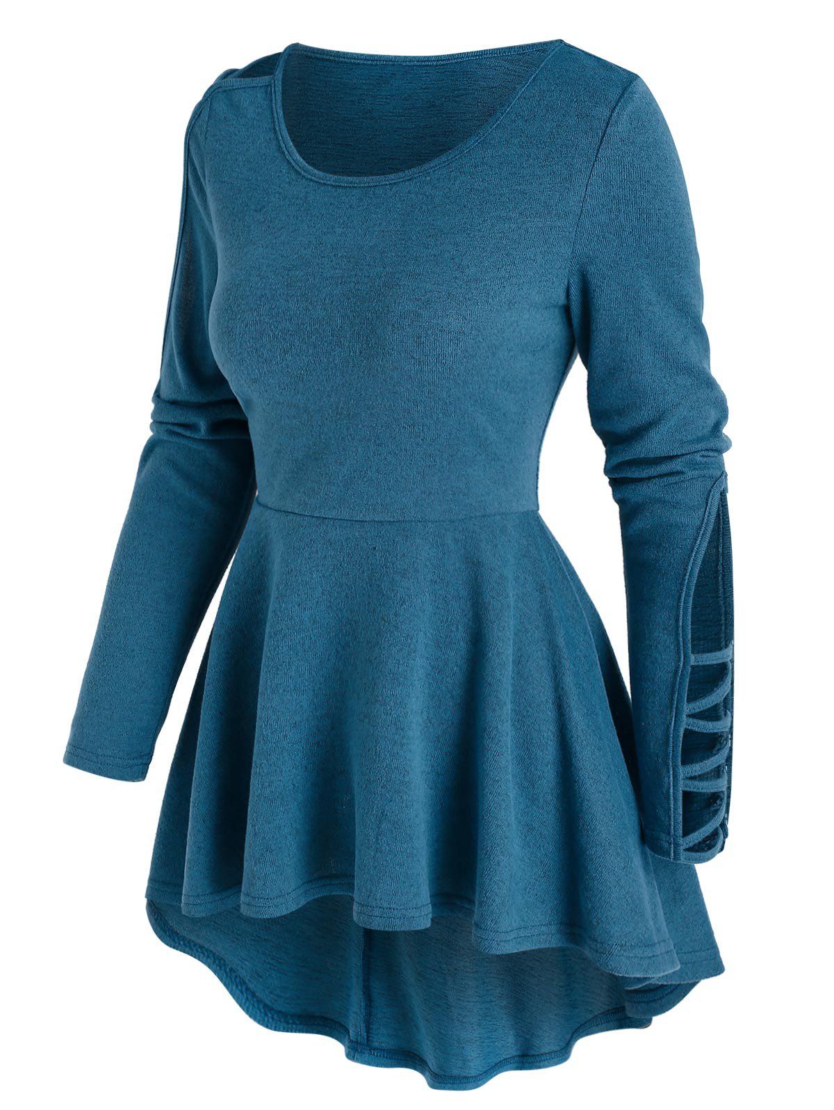 

Crisscross Cutout Sleeve High Low Peplum Tee, Peacock blue