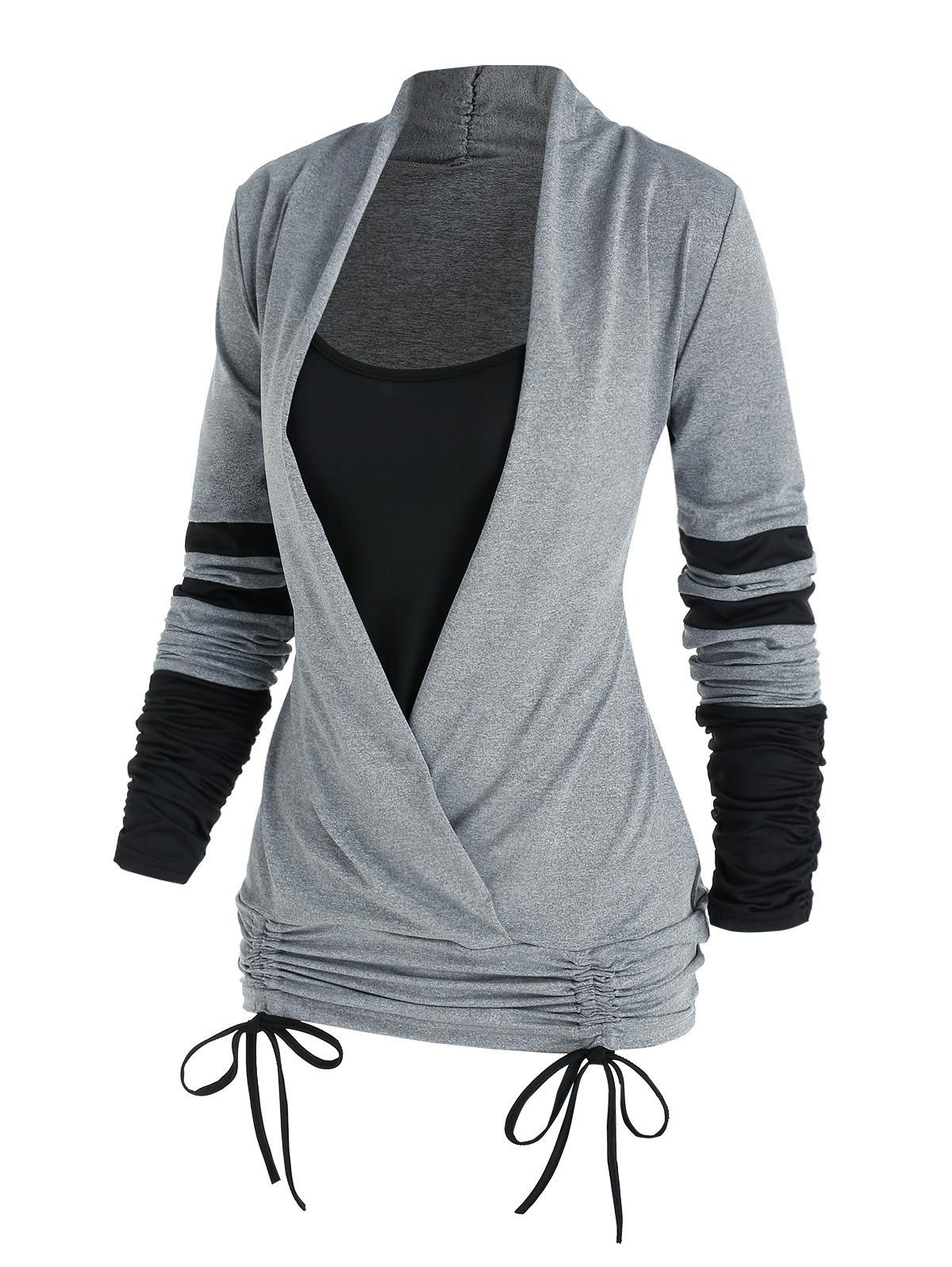 

Long Sleeve Cinched Contrast Faux Twinset T-shirt, Gray