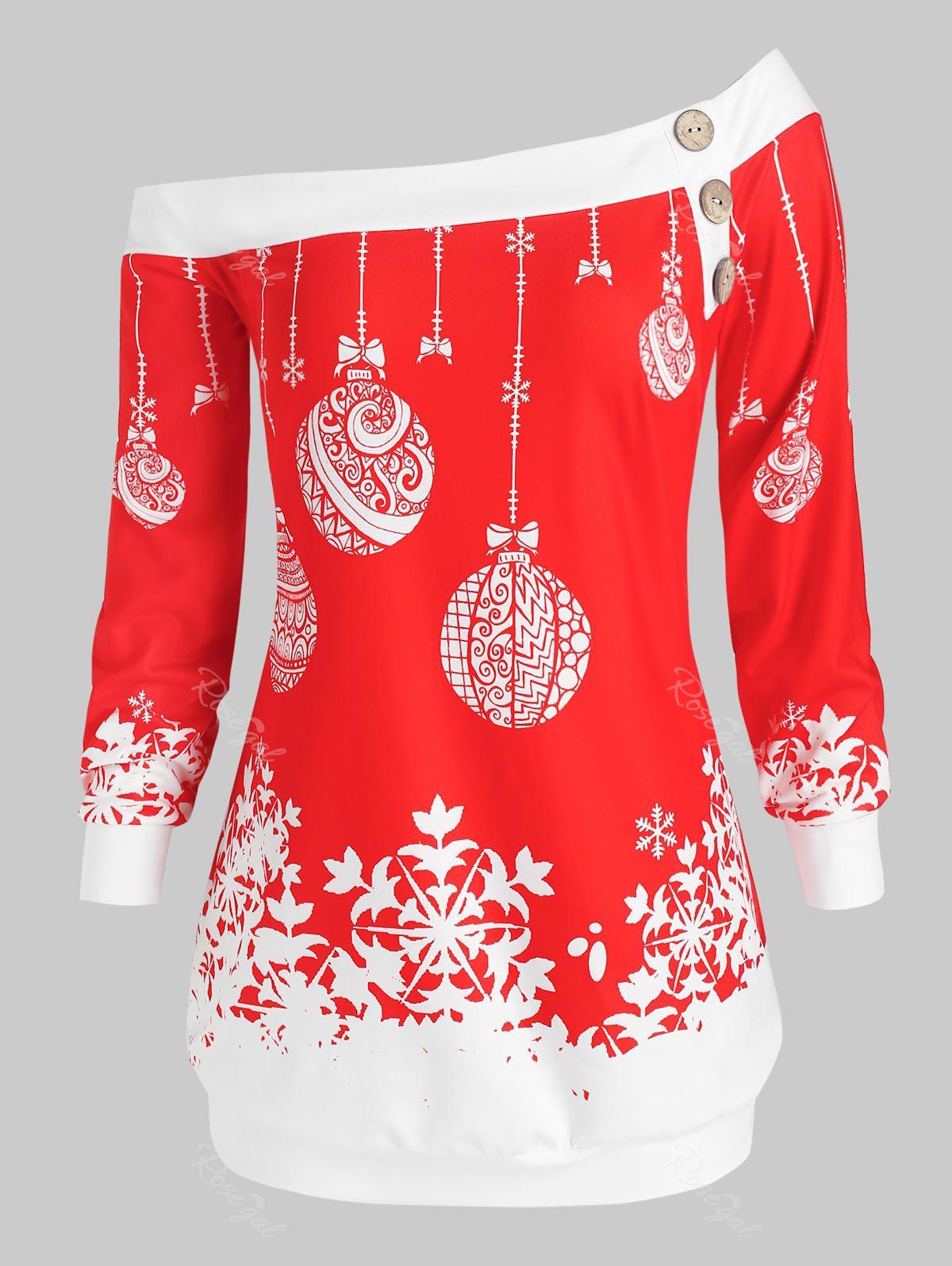 Sweat-shirt à Imprimé Boule de Noël à Épaule Nue Grande Taille Rouge 5X