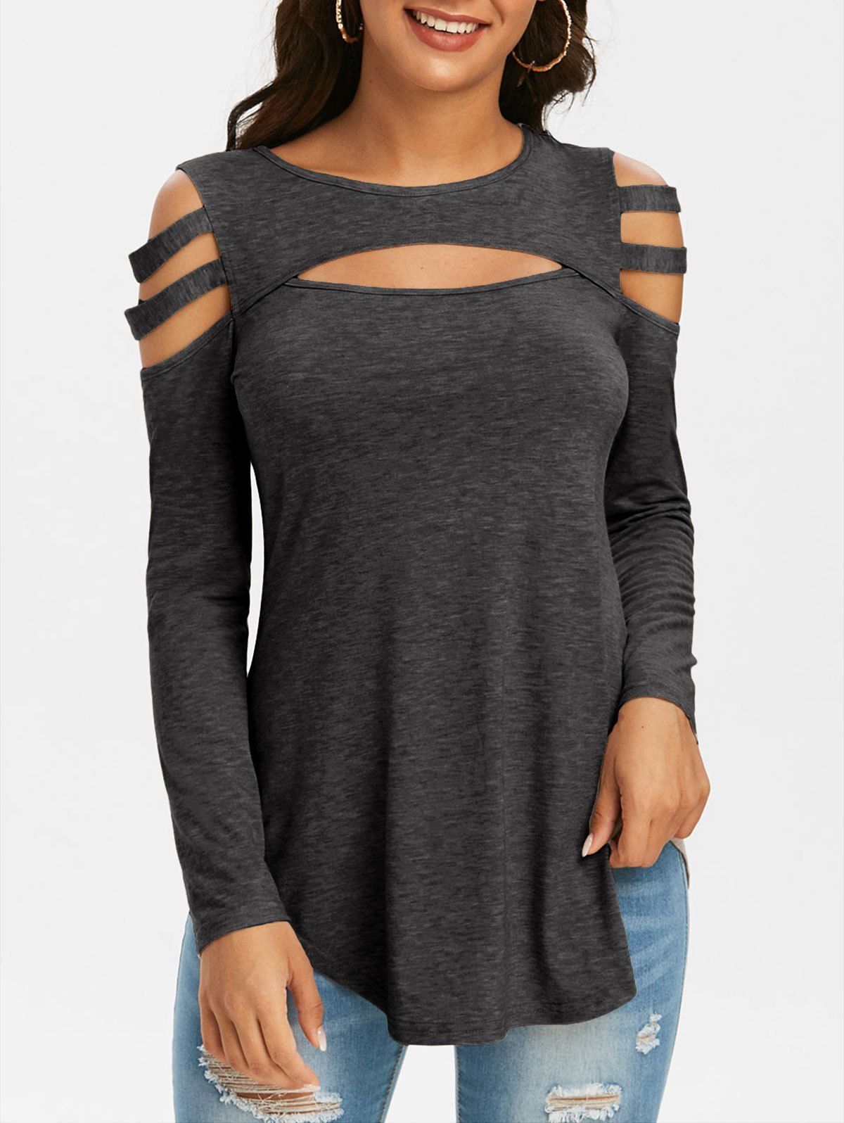 

Cold Shoulder Cutout T Shirt, Dark gray