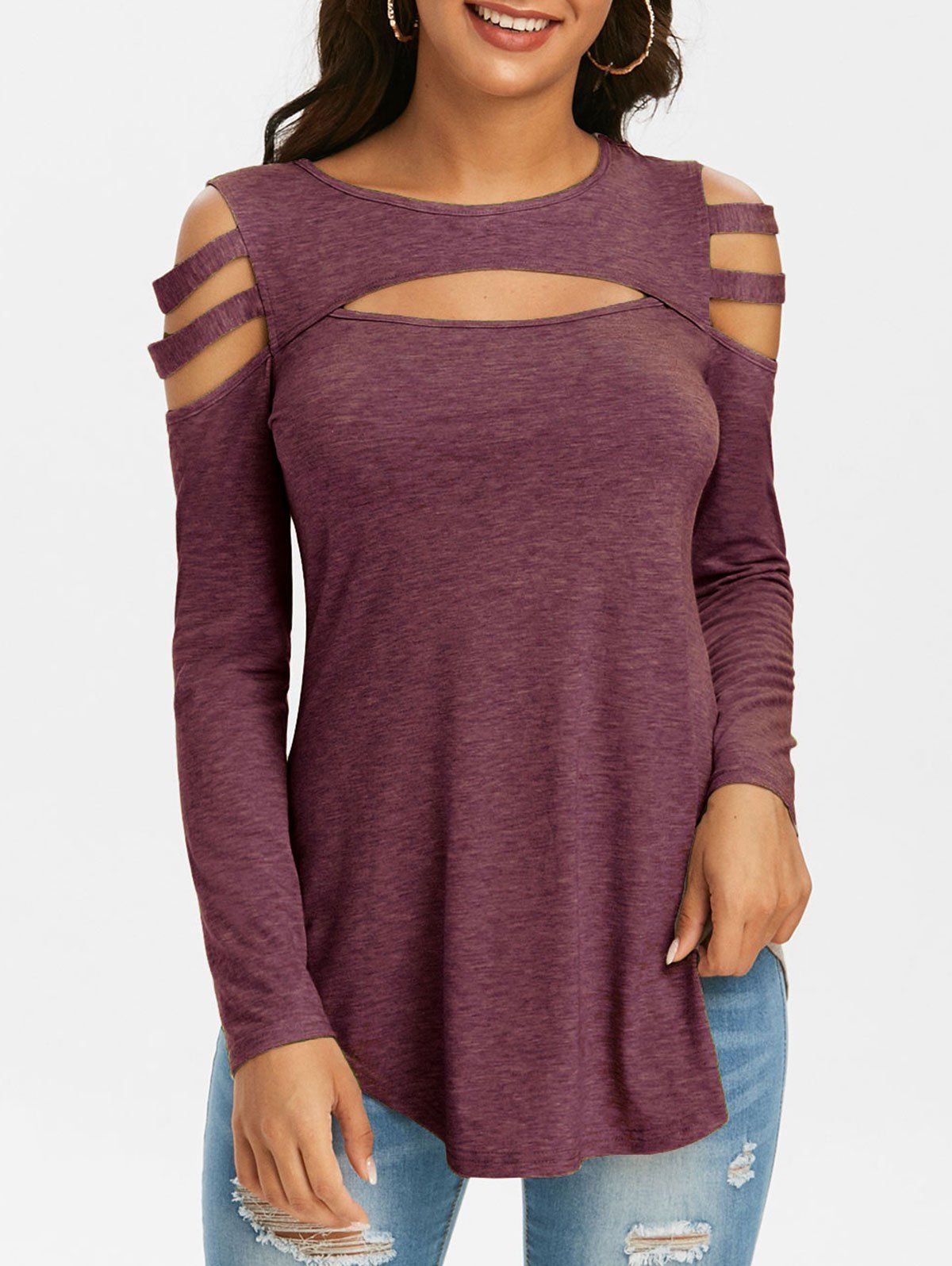 

Cold Shoulder Cutout T Shirt, Deep red
