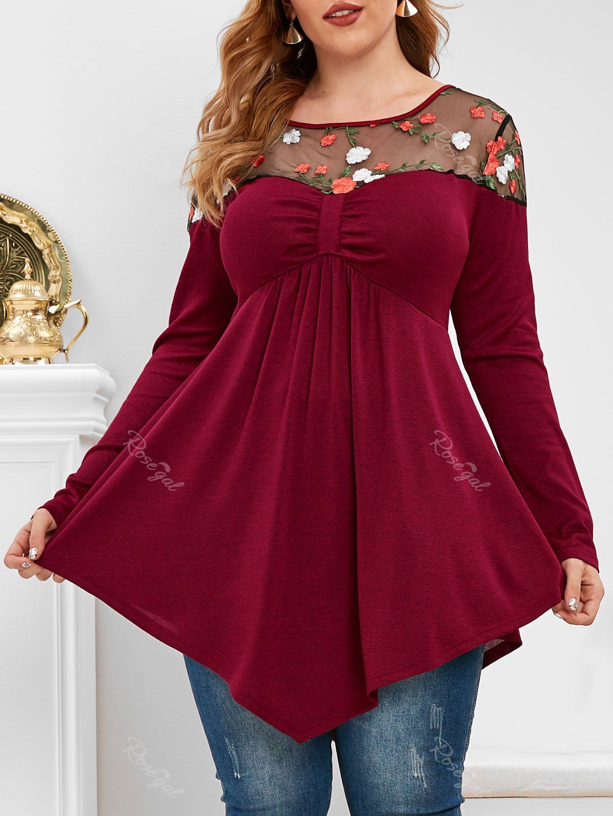 Store Plus Size Floral Embroidered Tulle See Thru Tunic Knit T-shirt  