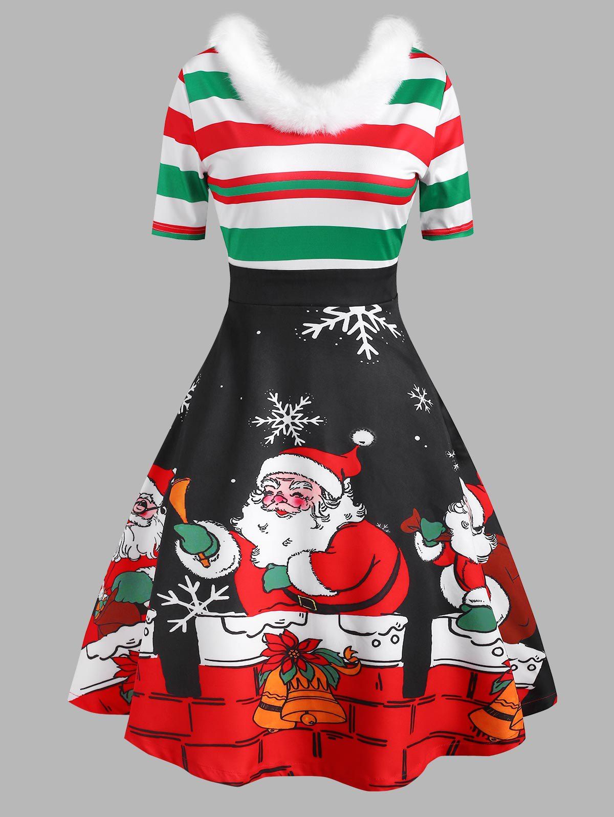 

Christmas Snowflake Santa Claus Striped Faux Fur Insert Dress, Multi