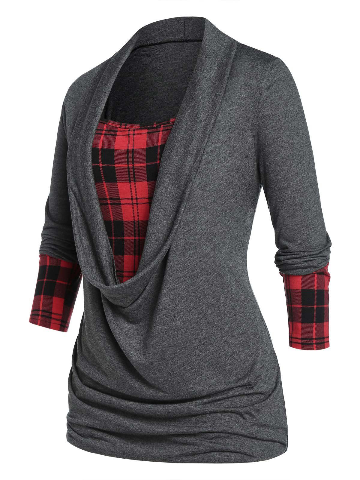 Chic Plus Size Plaid Draped Ruched Long Sleeve Tee  