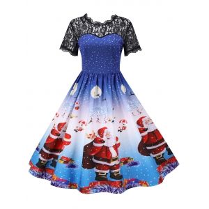 

Christmas Polka Dot Santa Claus Lace Yoke Dress, Cobalt blue