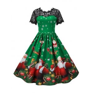 

Christmas Snowflake Santa Claus Elk Lace Yoke Dress, Deep green