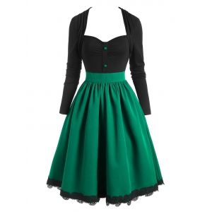 

Vintage Guipure Panel Mock Button Two Tone Dress, Deep green