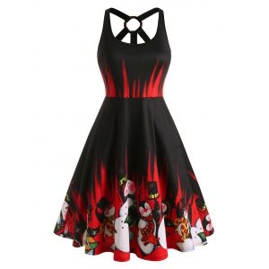 

Plus Size Christmas Snowman Print O Ring Dress, Black