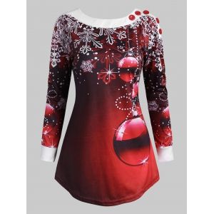 

Christmas Snowflake Ball Boat Neck Button Emebllished T Shirt, Red