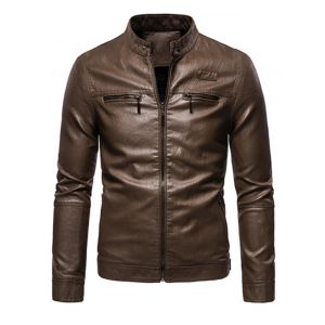 

Zipper Detail Faux Leather Fleece Jacket, Brown