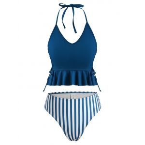 

Halter Lace-up Ruffle Striped High Leg Tankini Swimwear, Deep blue