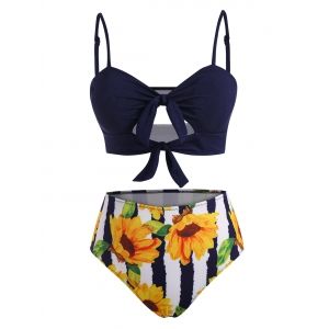 

Ribbed Knots Sunflower Striped Cutout Tankini Swimwear, Deep blue
